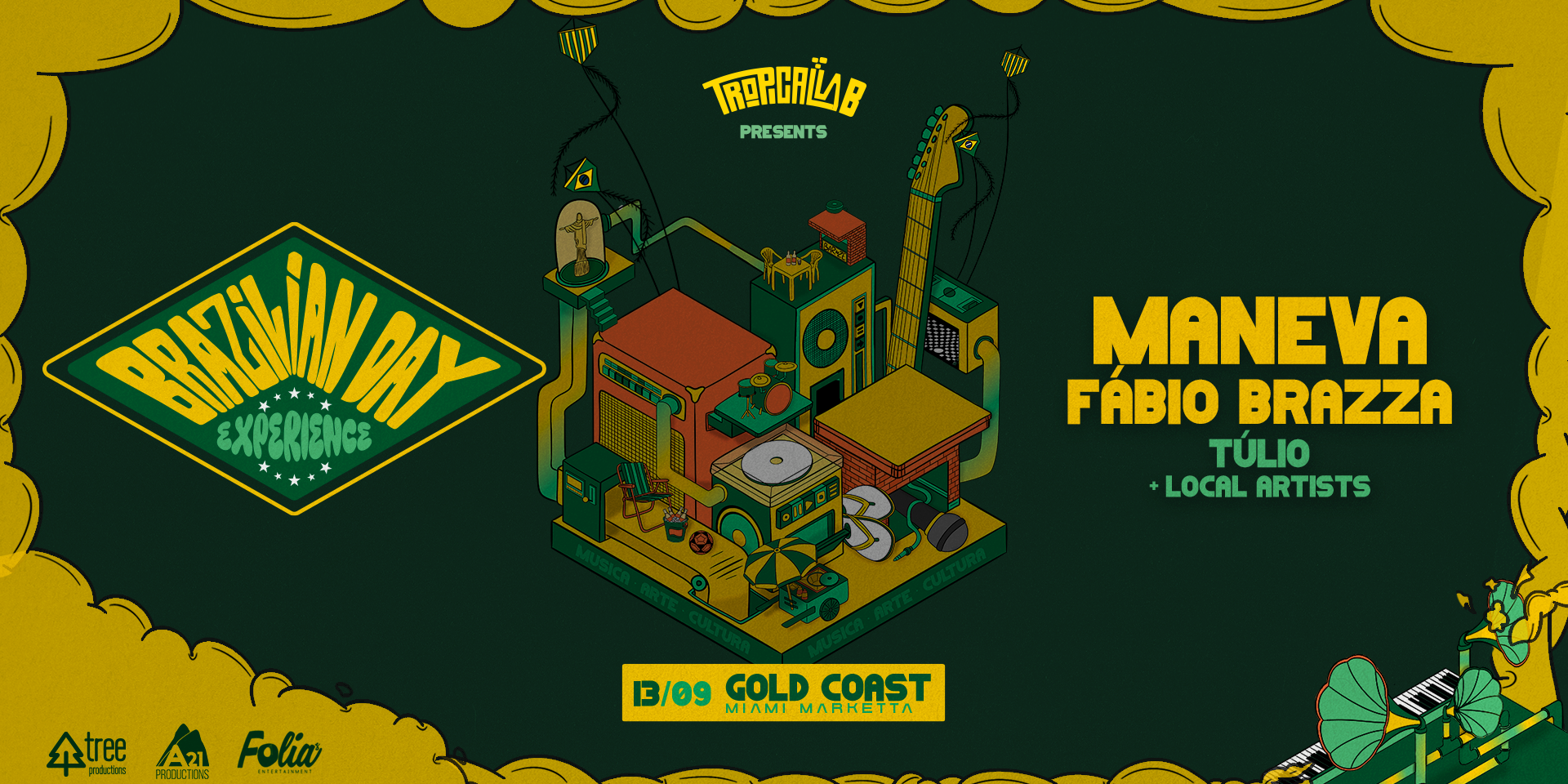 Maneva, Fabio Brazza and Tulio Brazilian Day event poster