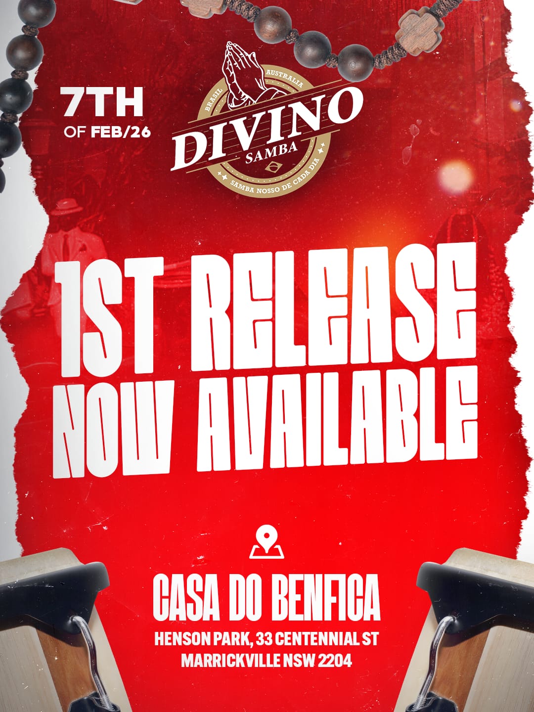 Promotional poster for Divino Samba event with red background and white text.